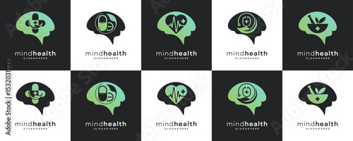 Set Collections of Mind with Medical Care, Logo Design Ideas. Abstract Vector of Mental Health of the Mind Through Healthy Lifestyle Concept.