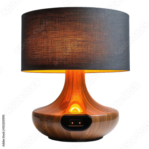 A lamp with a wooden base and a fabric lampshade lit up on transparent background
