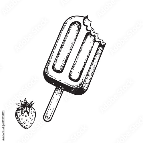 Hand drawn strawberry popsicle with a bite taken out
