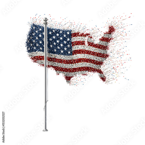A sparkling american flag on a silver pole against a black background with pixelated edges