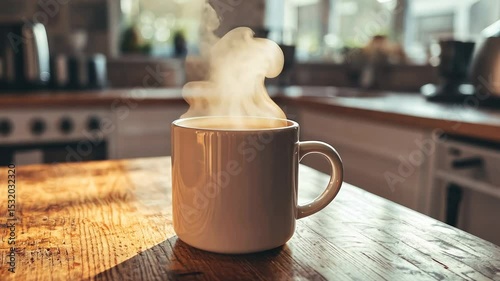Steam rising from a white mug on a wooden table