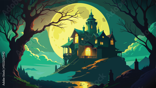 Spooky Halloween night scene with a haunted house in the dark woods, silhouetted by the moon and bats, perfect for an autumn celebration