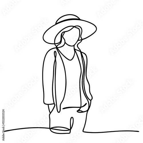 Woman in straw hat, simple line drawing. Elegant female figure wearing wide-brimmed hat and jacket, hands in pockets. Stylish minimalist illustration perfect for fashion blogs, website design.