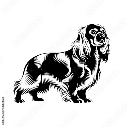 Cavalier King Charles Spaniel silhouette. Black and white illustration of dog breed, standing profile. Elegant canine image for pet-related designs and prints.