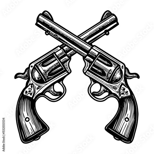Crossed revolvers graphic design. Pair of vintage six-shooters in crossed position. Illustration of antique pistols for western movie poster, album art, or t-shirt print.
