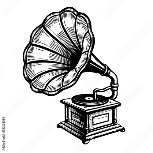 Vintage gramophone with large horn and turntable. Classic gramophone design for music lovers. Detailed illustration of antique gramophone perfect for retro posters and album covers.