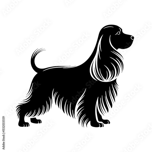 Elegant cocker spaniel silhouette. Black and white image of graceful cocker spaniel dog, perfect for pet-related designs and illustrations. Stylish silhouette of long-haired cocker spaniel,