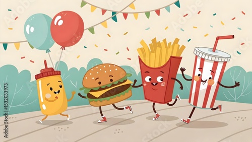 Fun Cartoon Characters of Food Celebrating with Balloons and Confetti