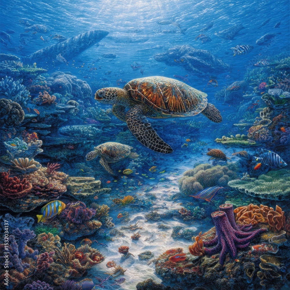 Obraz premium Colorful Coral Reef Underwater Scene With Sea Turtles