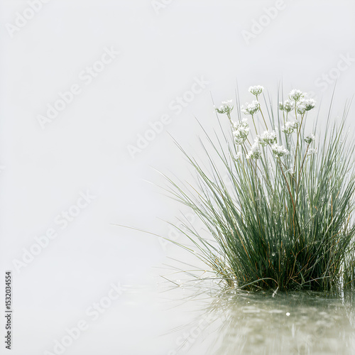 A serene view of a clump of grass and small white flowers growing in shallow water on a misty day