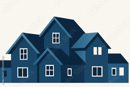 Illustration of a blue house with multiple sections, windows, and a simple, clean design on a beige background.