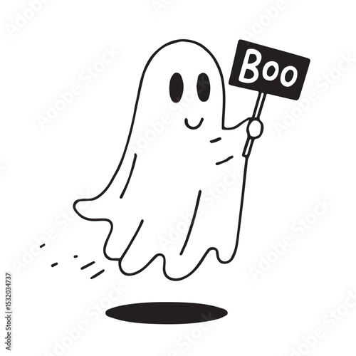 Cute cartoon ghost holding boo sign halloween illustration