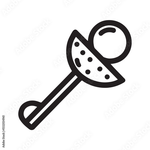 Black and white line art illustration of a baby rattle toy