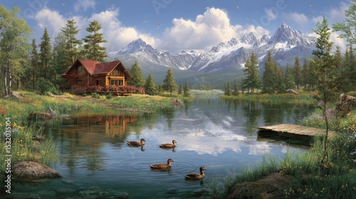 Rustic Cabin By Mountain Lake With Ducks
