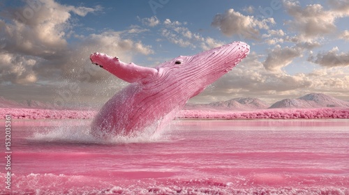 Pink Whale Jumping In Pink Water Sunset Landscape