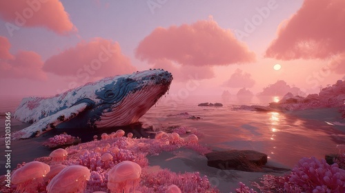 Pixel Art Whale At Pink Sunset Over Coral Reef