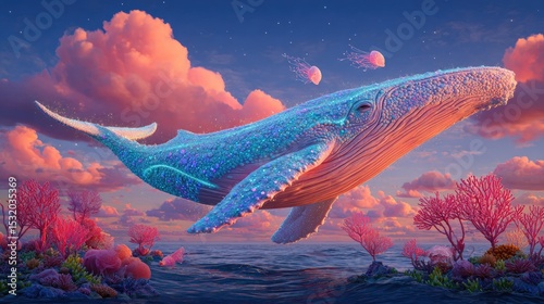 Magical Whale Over Coral Reef Sunset