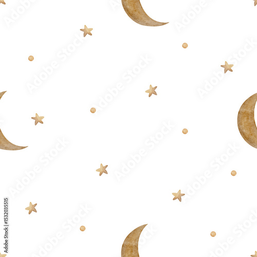 Pattern watercolor illustration vintage beige moon stars with brown dots. Hand drawn in children's style. Seamless print on white background for textile design, fabric, packaging clothes, postcard