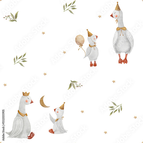 Pattern watercolor illustration geese stars moon in green leaves, berries. Goose hand drawn in retro style. Seamless print on a white background for textile design, fabric, clothing packaging, cards