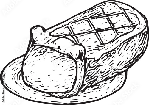 A black-and-white sketch of a pie slice, rich and appetizing, perfect for Thanksgiving dessert themes, holiday cards, or autumn seasonal illustrations