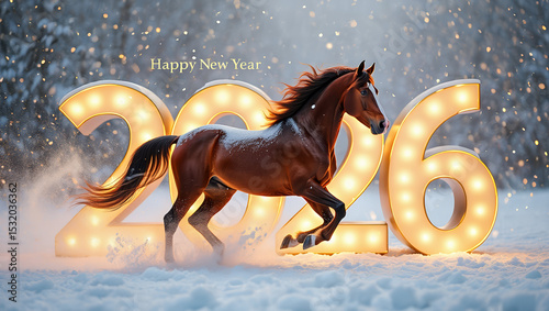 A horse galloping through snow beside illuminated 