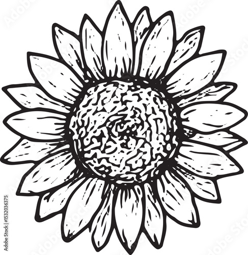 A black-and-white sunflower illustration, vibrant and detailed, ideal for Thanksgiving harvest themes, autumn decor, or seasonal holiday cards and designs