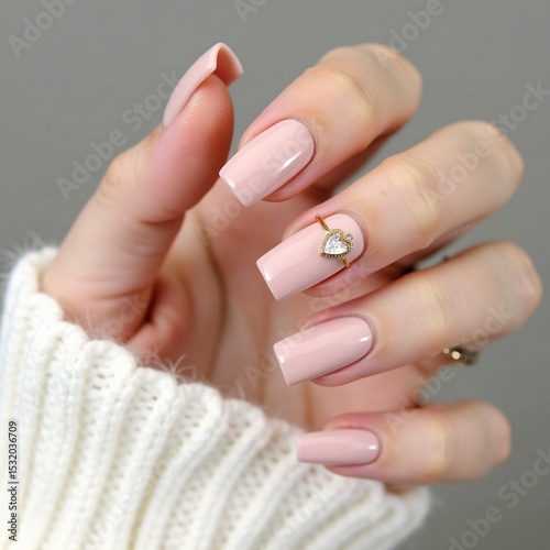The image showcases elegant nude-pink manicured nails and a gold ring adorned with a heart-shaped gemstone, complemented by a cozy white sweater sleeve.