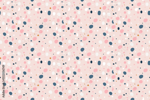 Beautiful seamless pattern with colorful uneven polka dots on  delicate pink background. Abstract spots. For backgrounds, wallpapers, textiles, packaging, or  website.