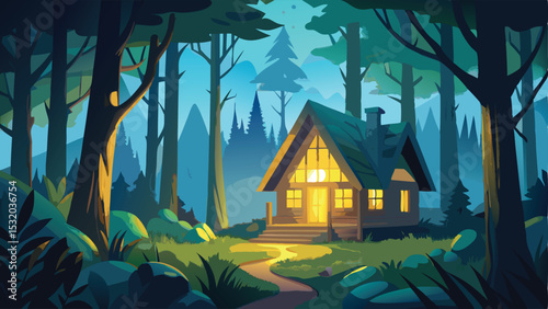 A serene house nestled amidst a vibrant forest, its architecture blending seamlessly with the surrounding trees and lush nature, evoking a sense of peaceful home