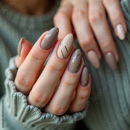The image showcases elegant nude-pink manicured nails and a gold ring adorned with a heart-shaped gemstone, complemented by a cozy white sweater sleeve.