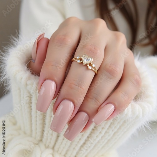The image showcases elegant nude-pink manicured nails and a gold ring adorned with a heart-shaped gemstone, complemented by a cozy white sweater sleeve.
