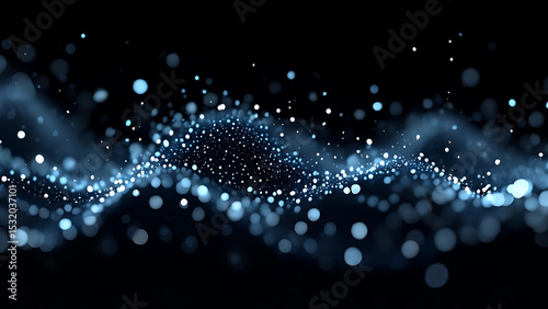 Abstract blue and white light particles forming flowing digital wave on dark background