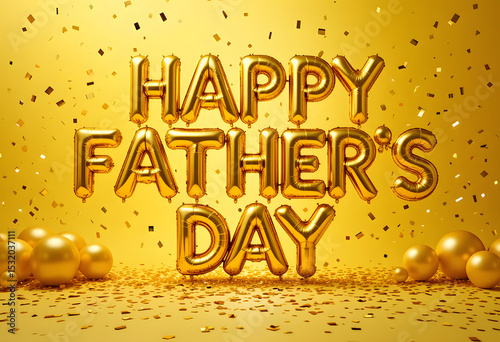 Golden Happy Father s Day Balloon Letters with Confetti and Spheres on Yellow created by Generative AI.