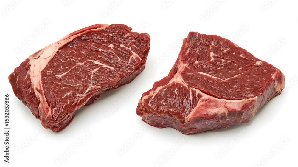 Obraz premium Two pieces of raw beef steak isolated on white background, showcasing marbling and texture. Perfect for cooking or grilling