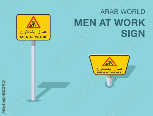 Traffic regulation rules. Isolated Arab world "men at work" road sign. Front and top view. Flat vector illustration template.
