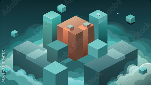 Abstract isometric cityscape with floating blocks and geometric shapes with transparency