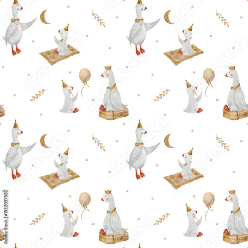Seamless pattern geese dad mom baby catches stars moon. Watercolor illustration goose hand drawn in children's style on white background for the design of textiles, fabrics, packaging, clothes, cards