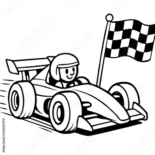  Cartoon Race Car with Driver and Checkered Flag for Coloring Book