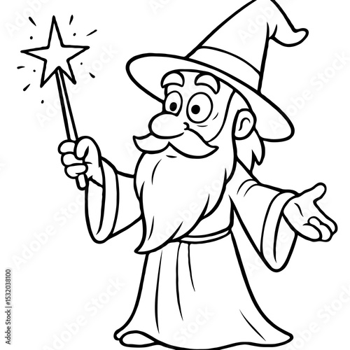 Cartoon Wizard with Magic Wand for Coloring Book