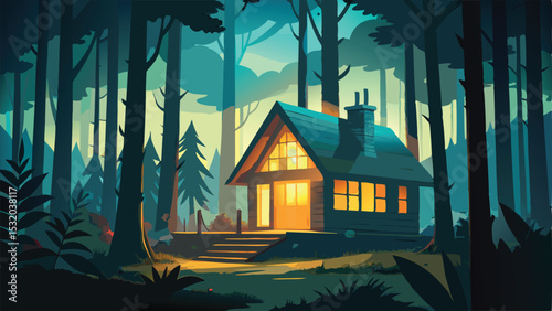 A serene house nestled amidst a vibrant forest, its architecture blending seamlessly with the surrounding trees and lush nature, evoking a sense of peaceful home