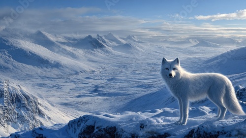Arctic Wolf On Snowy Mountain Peak Landscape