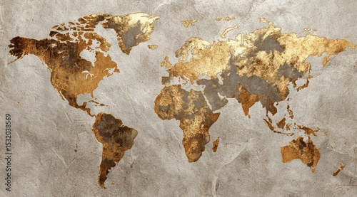 A gold-toned world map is depicted on a textured, grey background, giving a vintage, antique appearance