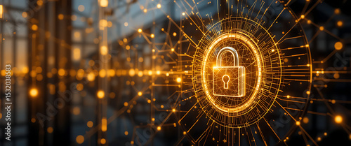 Fototapeta Naklejka Na Ścianę i Meble -  abstract cyber protection theme network connected style dark golden and gold gradient blending visual background on the left wall glass with digital 3d lock in the middle, shimmering, negative clean s