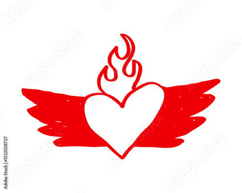 red flaming heart with wings and fire