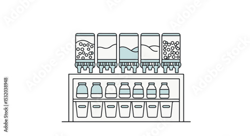 Illustration of dispensers filled with different items, promoting the concept of zero waste.