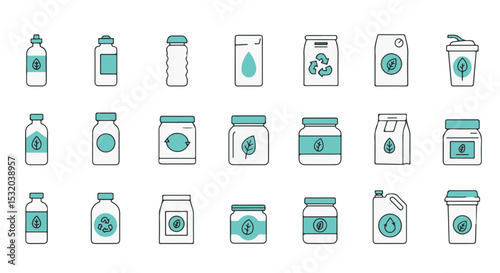Eco-friendly packaging and container product icons, green eco-friendly designs.
