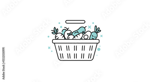 A basket overflowing with fresh vegetables and food. 
