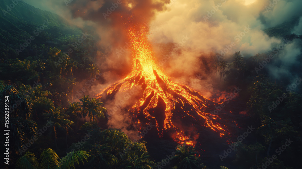 Fototapeta premium an erupting volcano in a tropical rainforest, with vivid red lava contrasting against lush green vegetation and mist