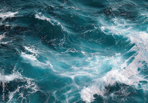 An overhead shot of a dark teal ocean with whitecaps and waves creating a textured surface