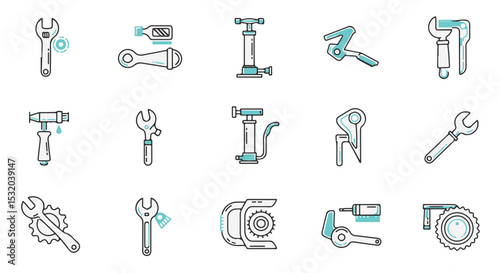 Collection of bicycle repair tools icons.